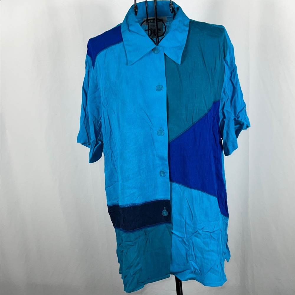 VINTAGE 90’s C.M. Shapes Women’s Blouse Teal & Blue Large Button Up‎ Color Block